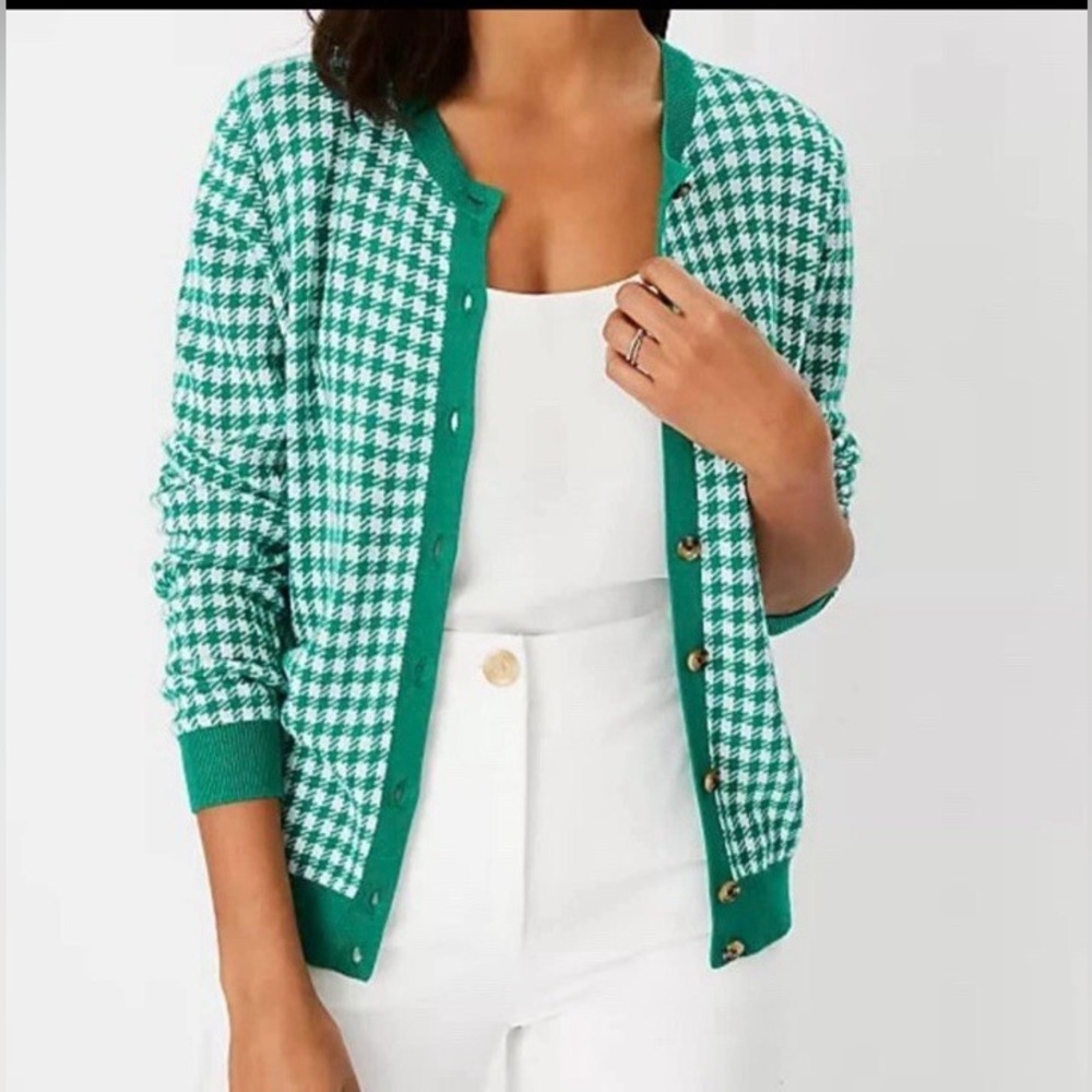 Ann Taylor Houndstooth Cardigan Sweater Green-XL